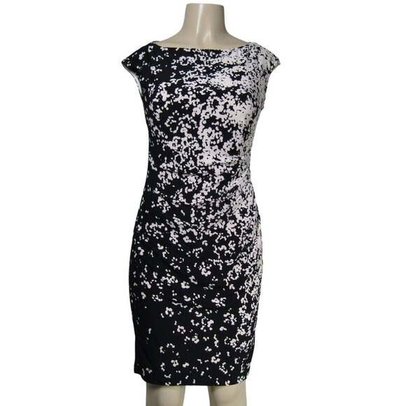 LAUREN RALPH LAUREN Knit ABSTRACT Ruched Black White Career Sheath Mod Dress 4 - Picture 1 of 11
